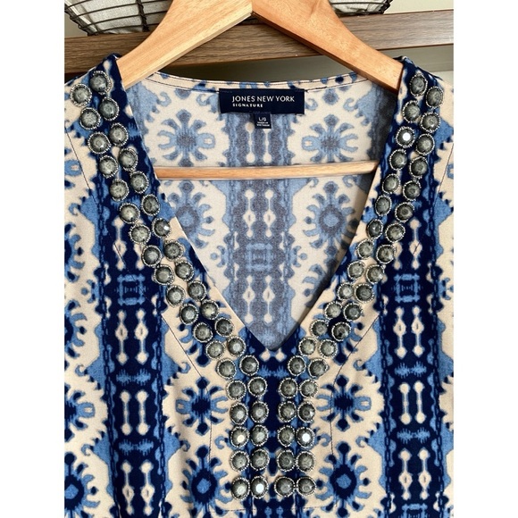 Jones New York Blue and White Beaded Patterned Tunic, Size L - Picture 3 of 9